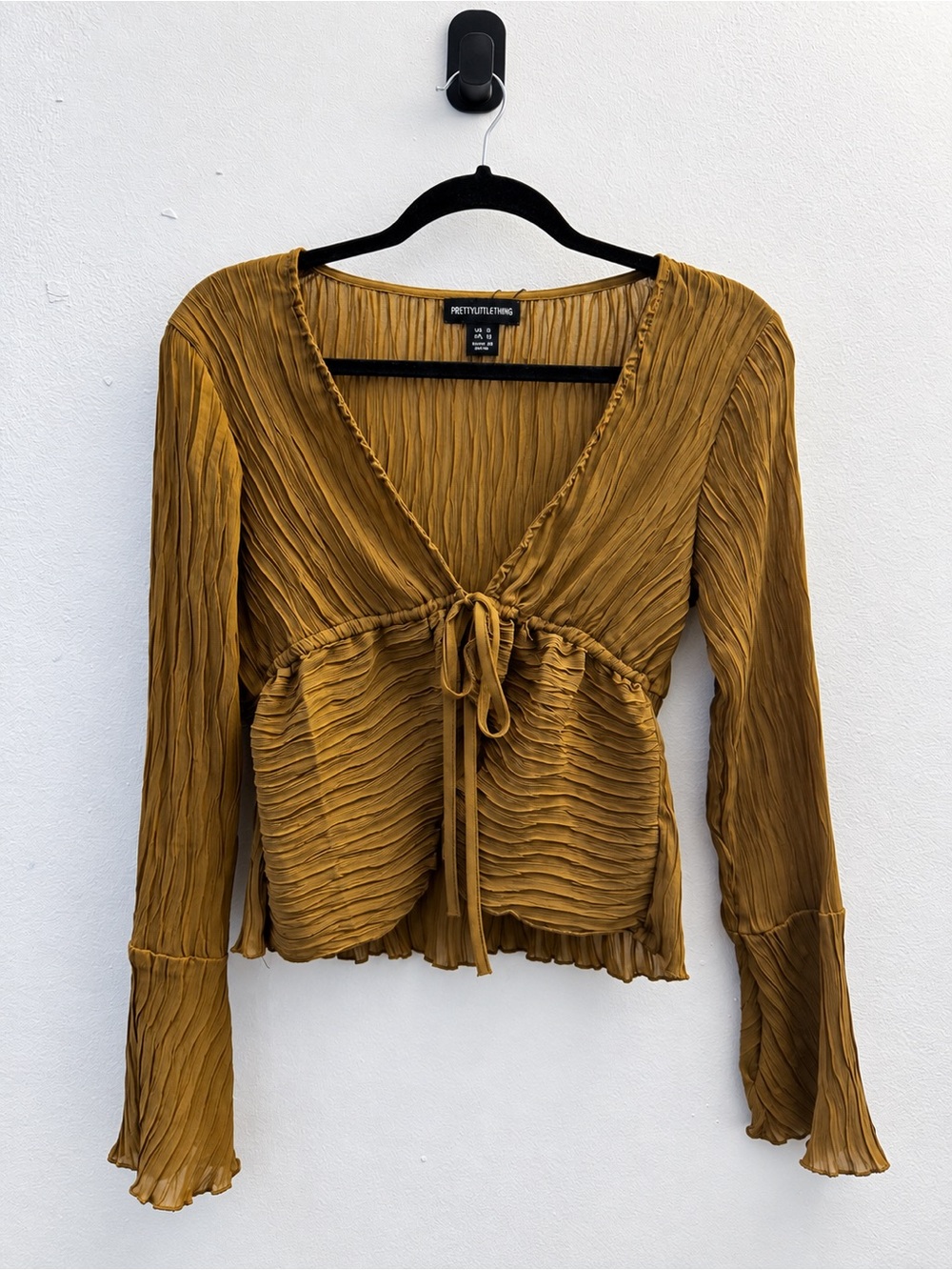 PrettyLittleThing Mustard Tie-Front Pleated Long Sleeve Top